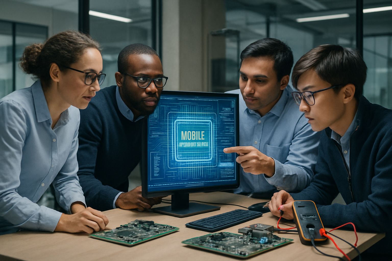 Engineers review Mobile Accelerators chip performance for future smartphones.