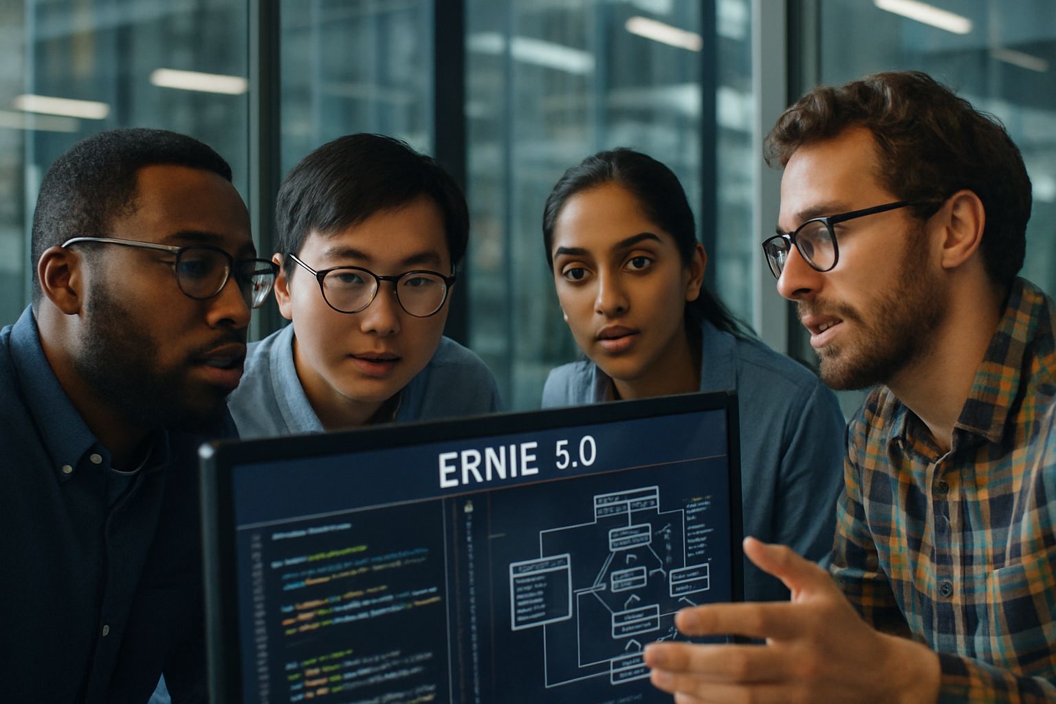 Baidu engineers collaborating on Ernie 5.0 AI in modern office environment.