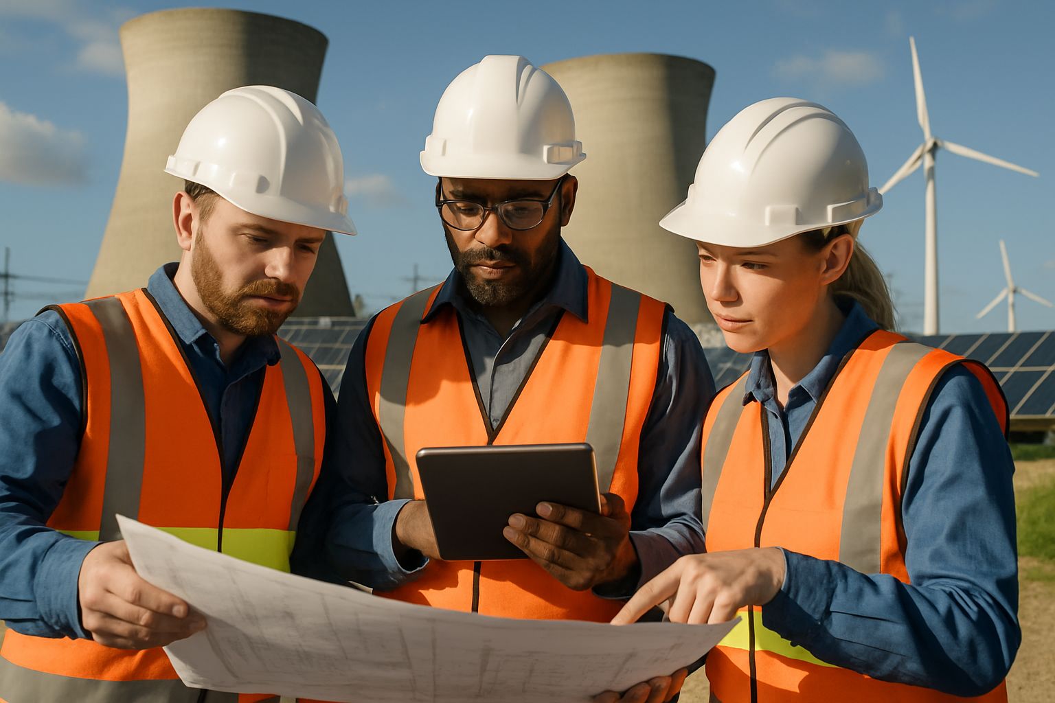 Engineers planning AI Energy Infrastructure at nuclear and renewable energy facility.