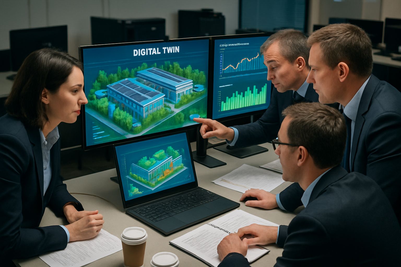 Engineers analyzing Green AI Infrastructure digital twins for efficient operations.