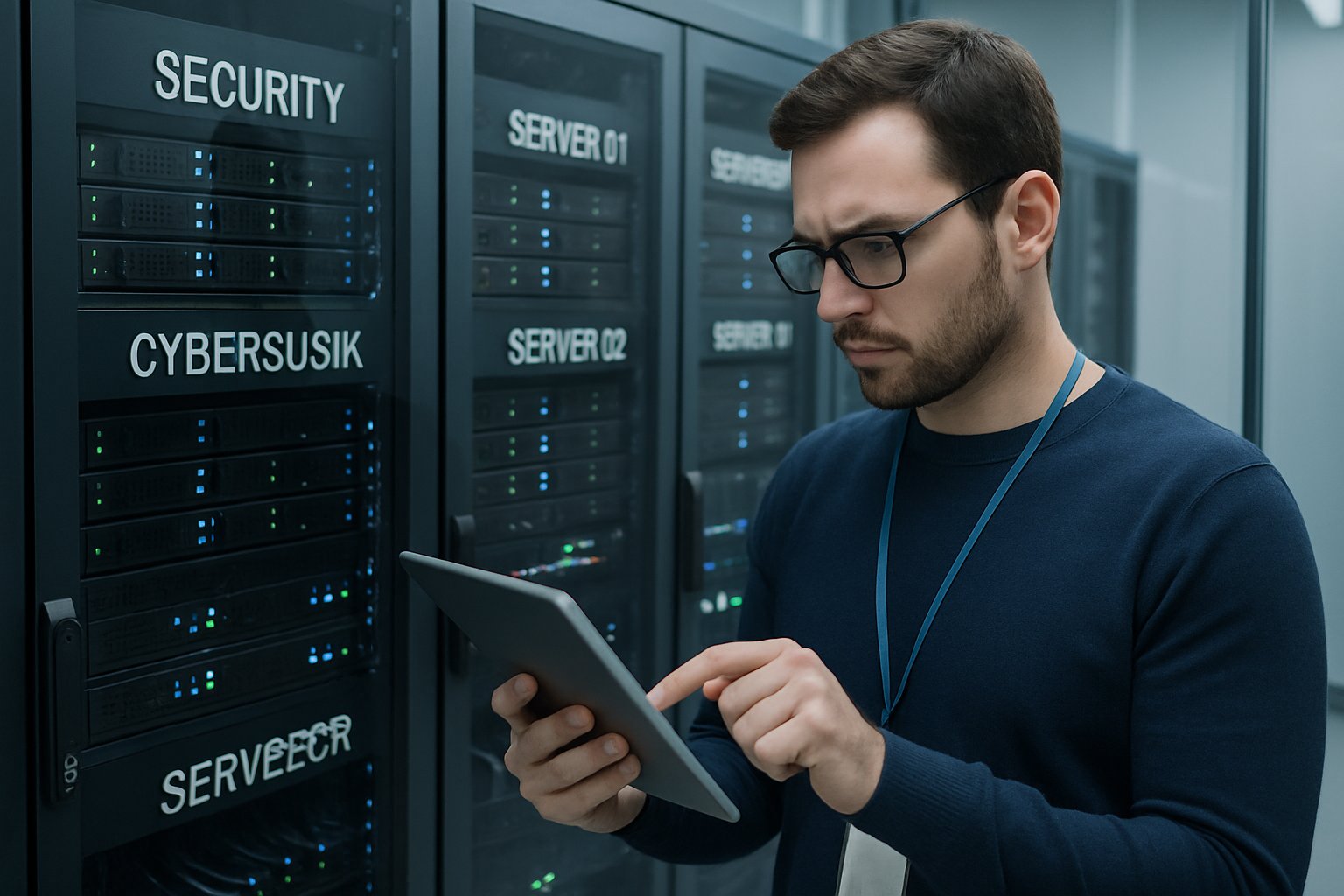 Cybersecurity engineer ensures AI Enterprise security in advanced server room.