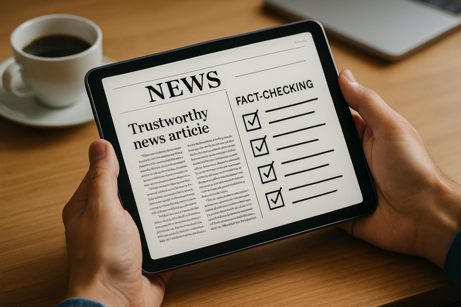 Hands using tablet to verify sources and ensure Information Ecosystem integrity