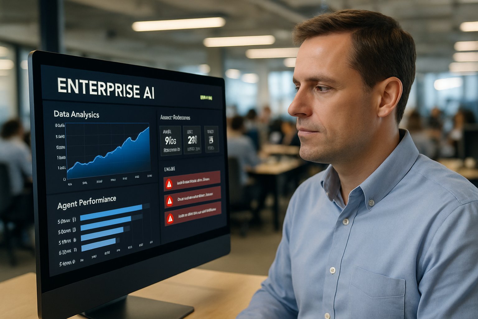 IT manager analyzing Enterprise AI dashboard with performance metrics displayed.
