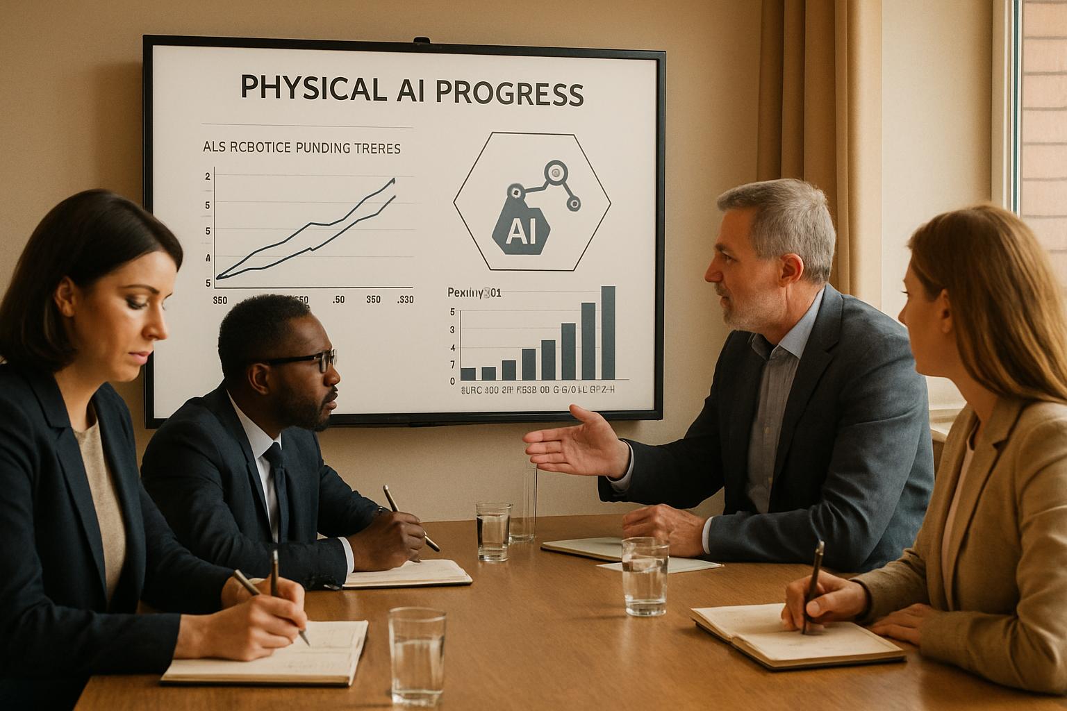 Physical AI funding trends discussed in realistic business meeting setting.