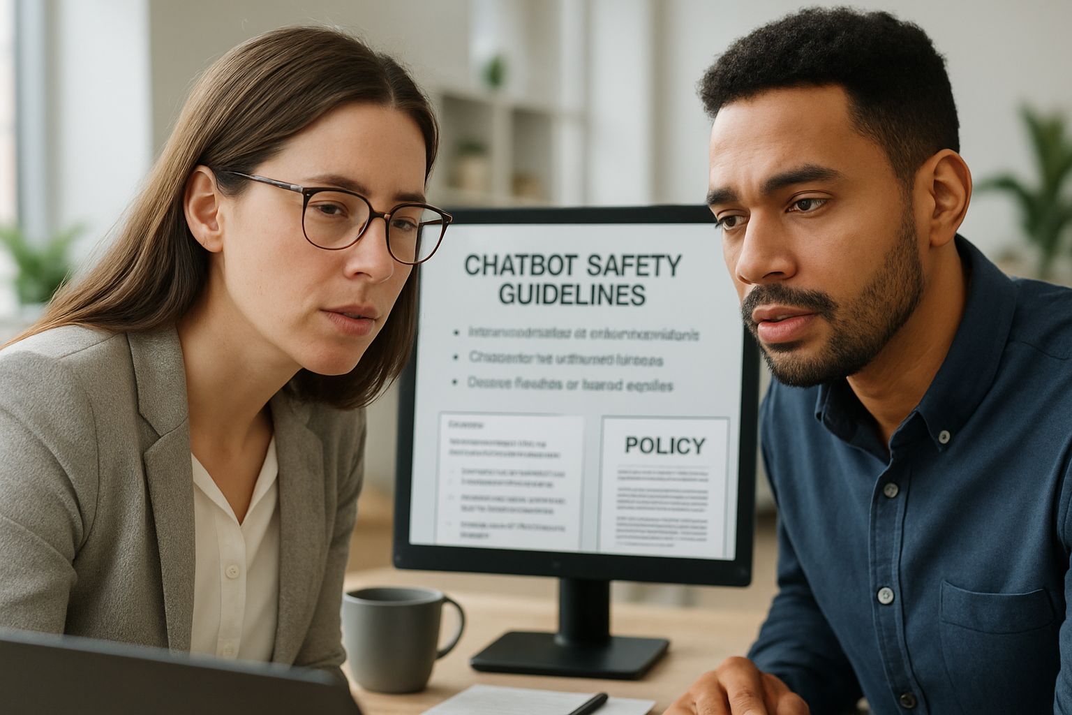 AI specialists evaluate Chatbot Suicide Liability policies on a digital screen.