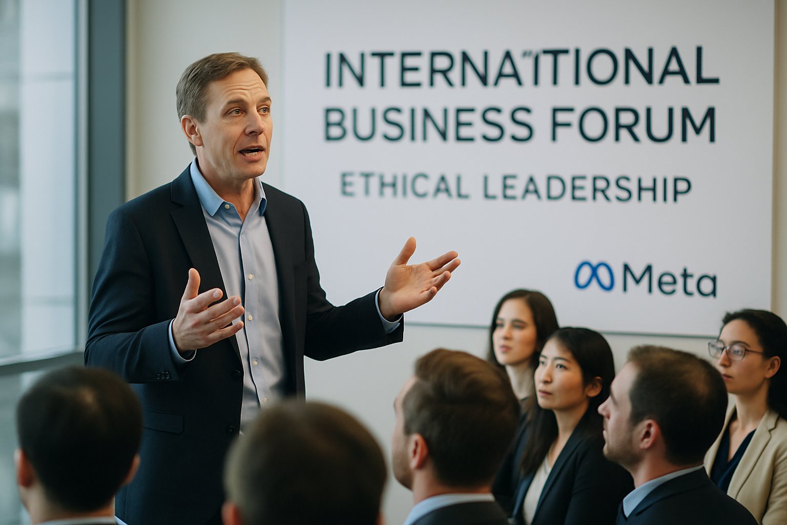 Ethics keynote presentation at international business forum with Meta branding.