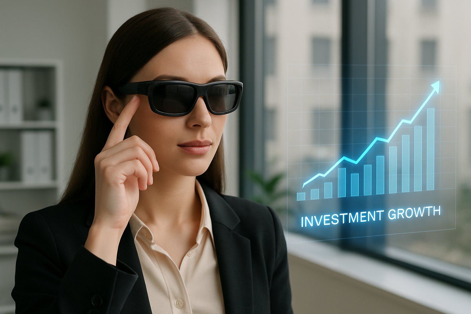Professional evaluating Wearable tech investment with AI glasses displaying growth chart.