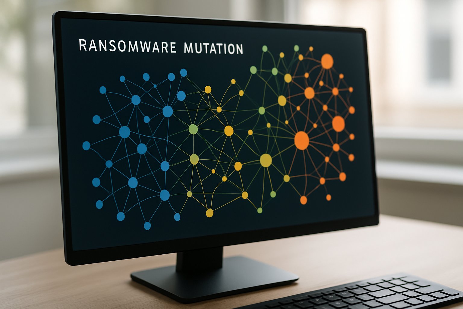AI Ransomware mutation visualized as evolving network graph on monitor.