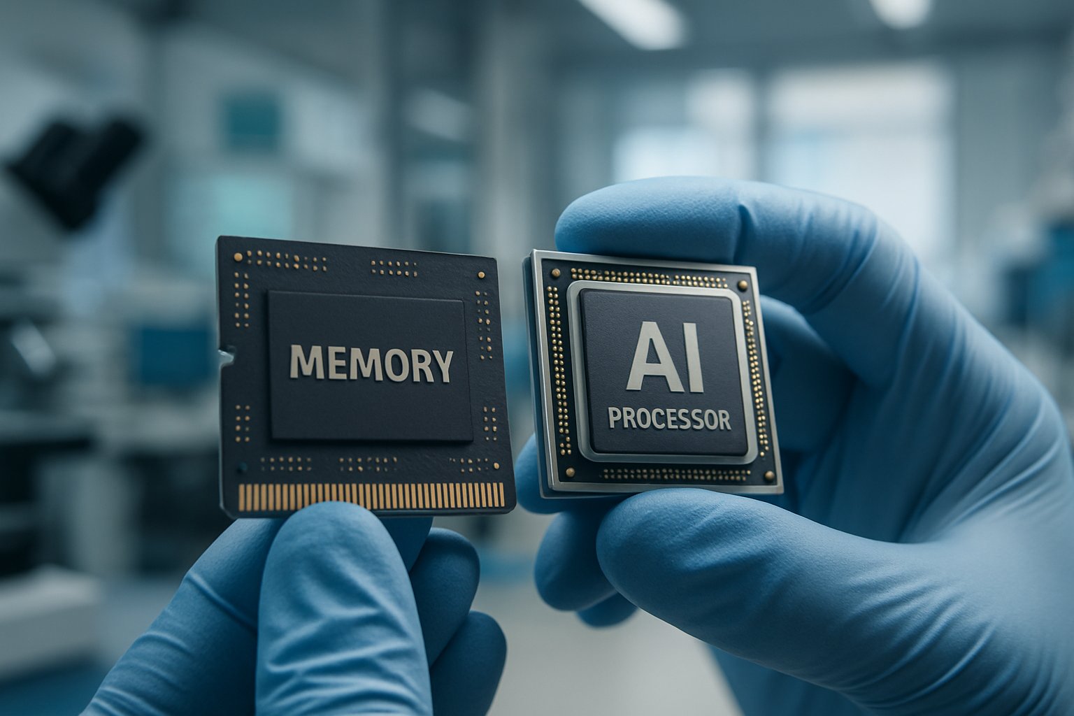 Technician examines AI chip demand and memory supply in semiconductor lab.
