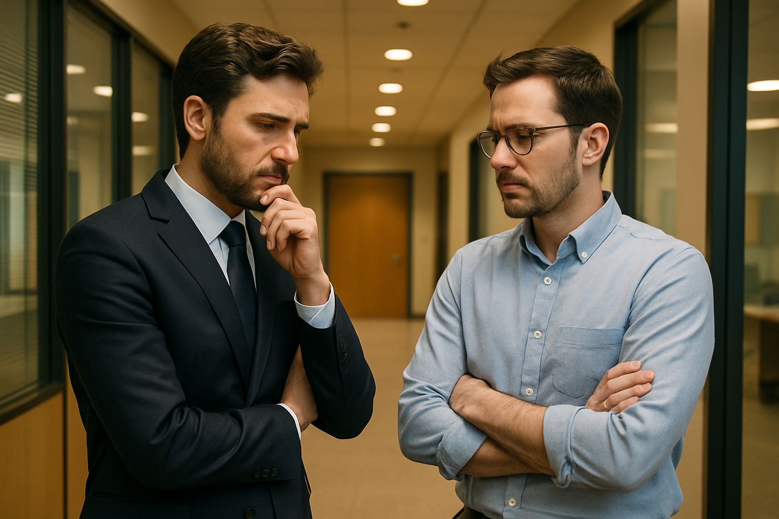 Executives and employees debate AI Workplace Sentiment in a realistic office setting