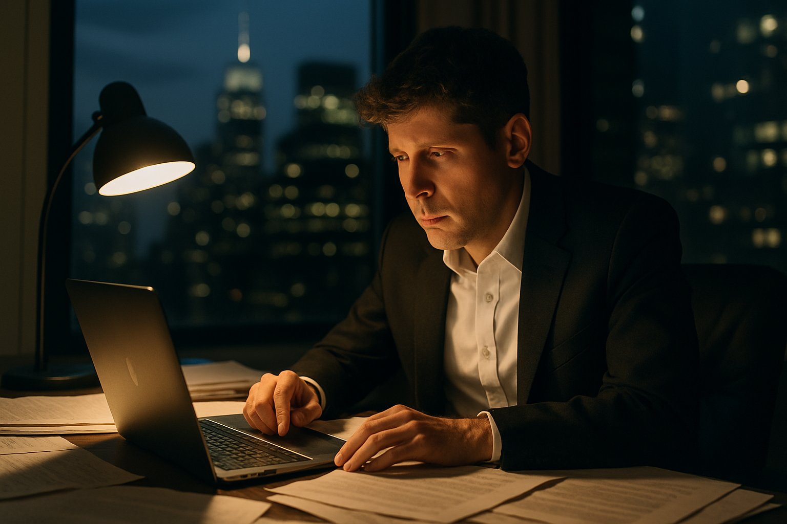 Sam Altman focused on Executive AI Leadership tasks at night.