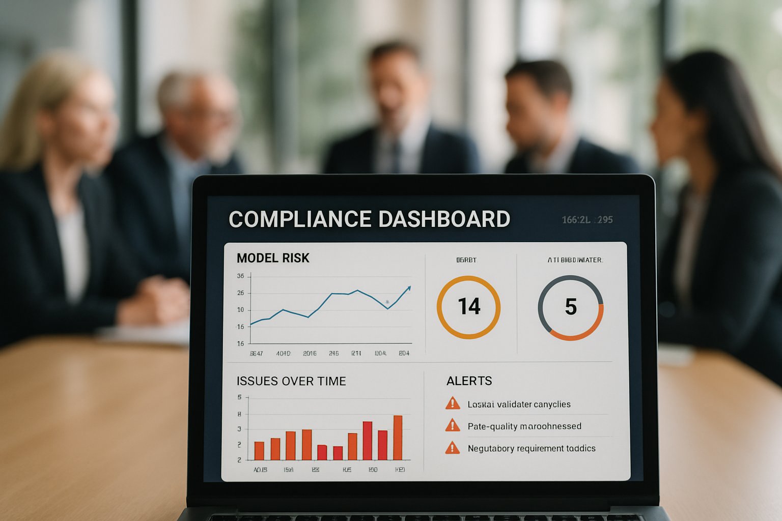 Continuous Model Risk Monitoring Platforms with compliance dashboard displayed in executive boardroom.