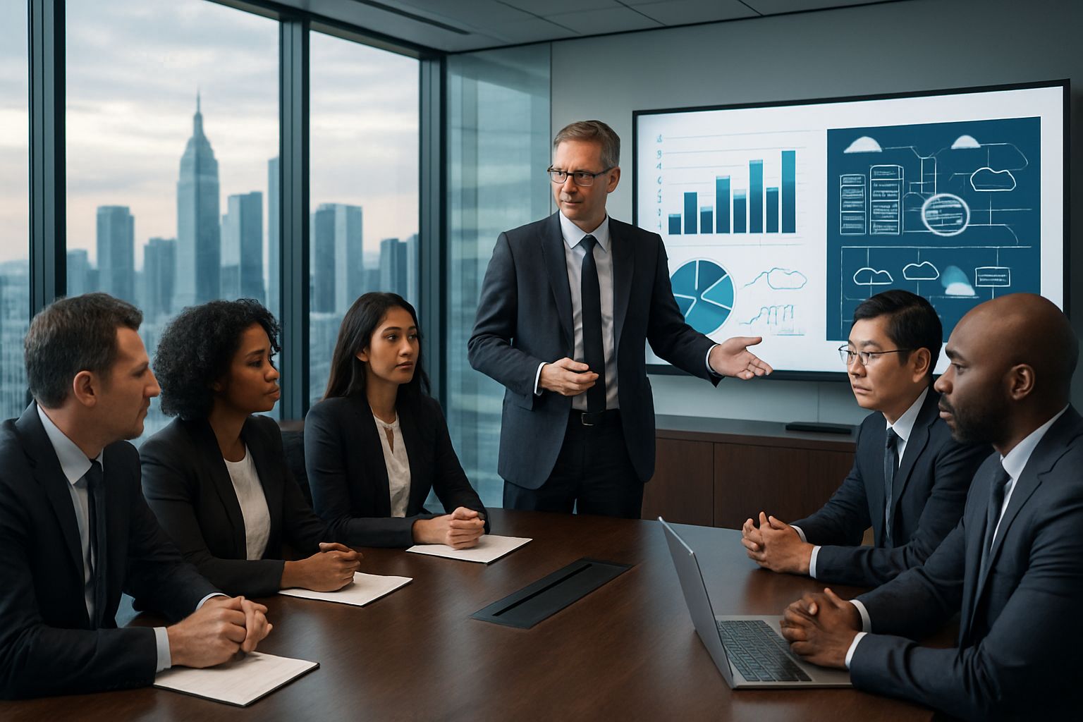 Infrastructure Capital Surge executives discuss data center investment strategies in a boardroom.