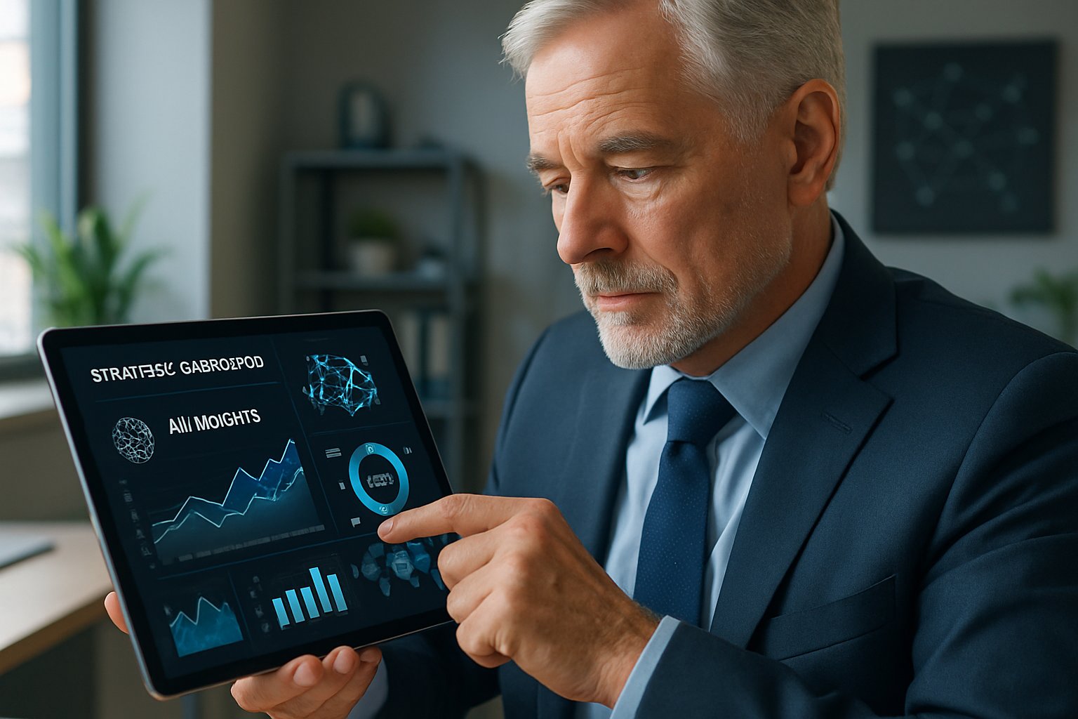 Executive engaging with Executive Decision Co-Pilot Systems on a tablet