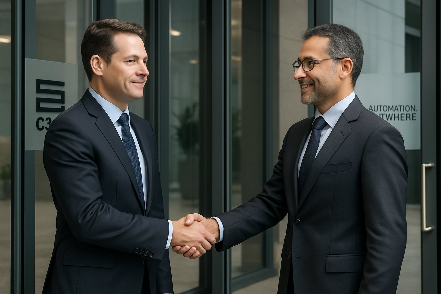 Executives shaking hands to mark progress in C3.AI merger negotiations.