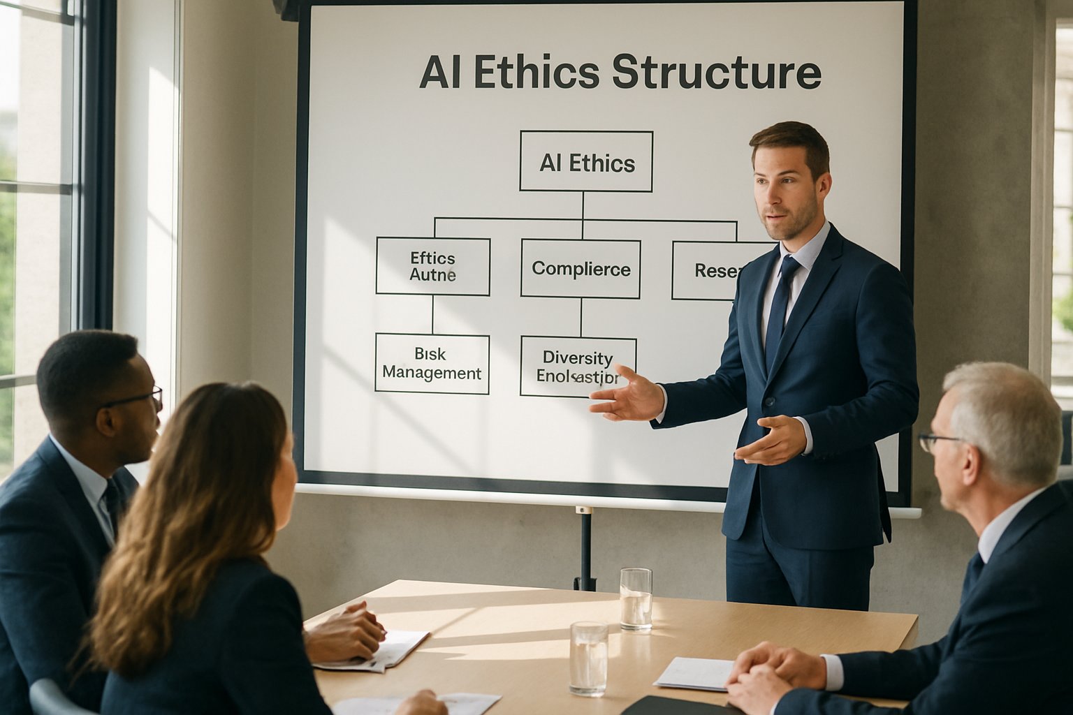 Executive explaining AI Ethics Structure with an organizational chart in a boardroom.