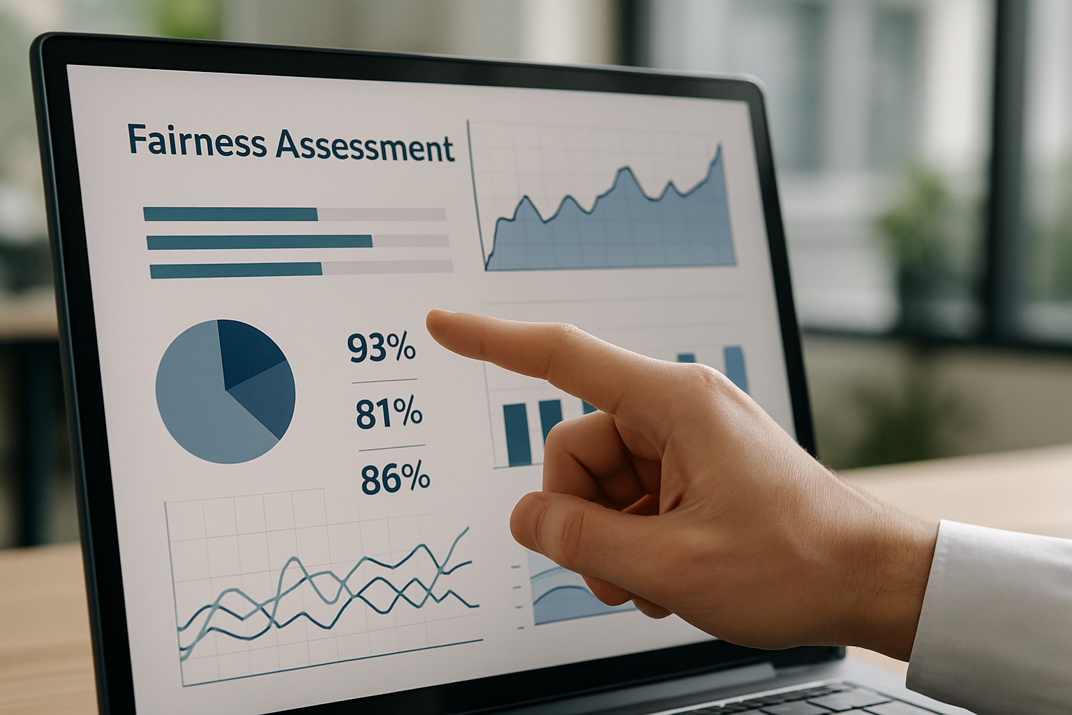 Fairness metrics displayed on talent screening intelligence dashboard with human interaction.
