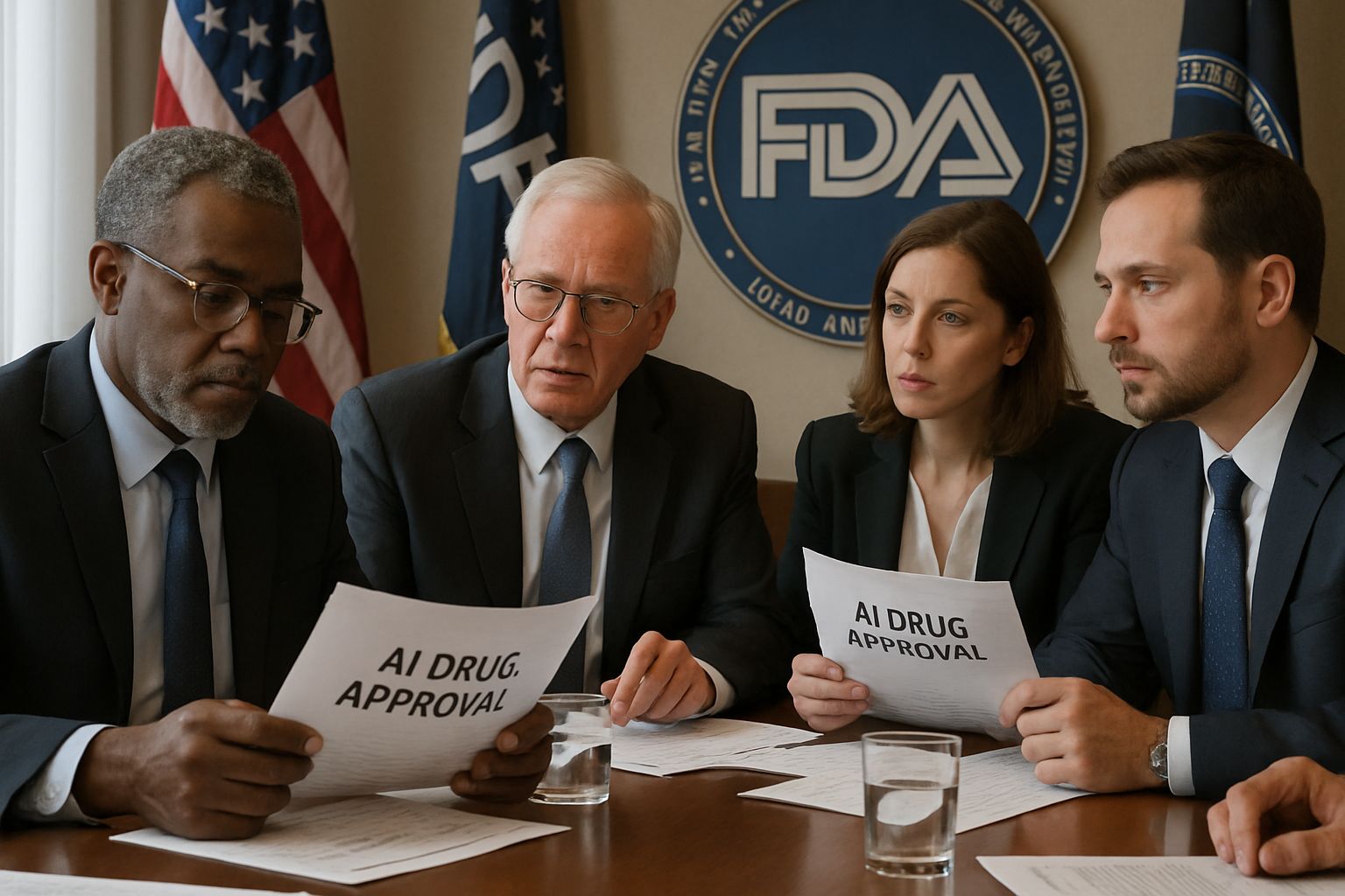 FDA meeting reviewing AI Drug Approval documents and discussing clinical trial results.