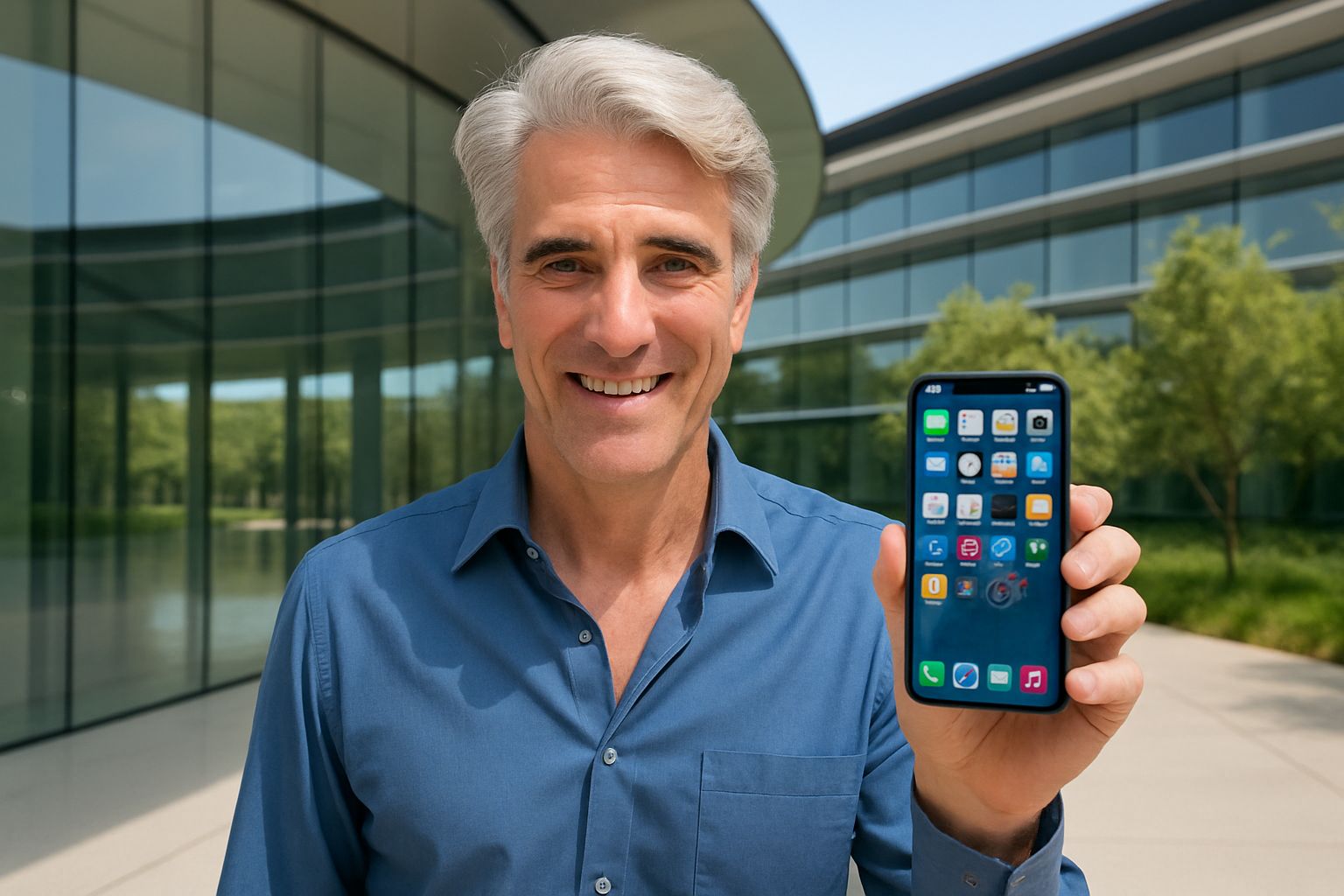 Craig Federighi holding iPhone with static home screen at Apple Park