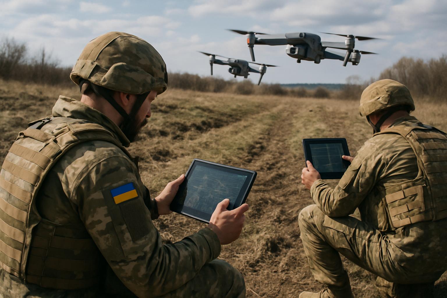 Soldiers control autonomous drones using AI Defense Technology in a Ukrainian field.