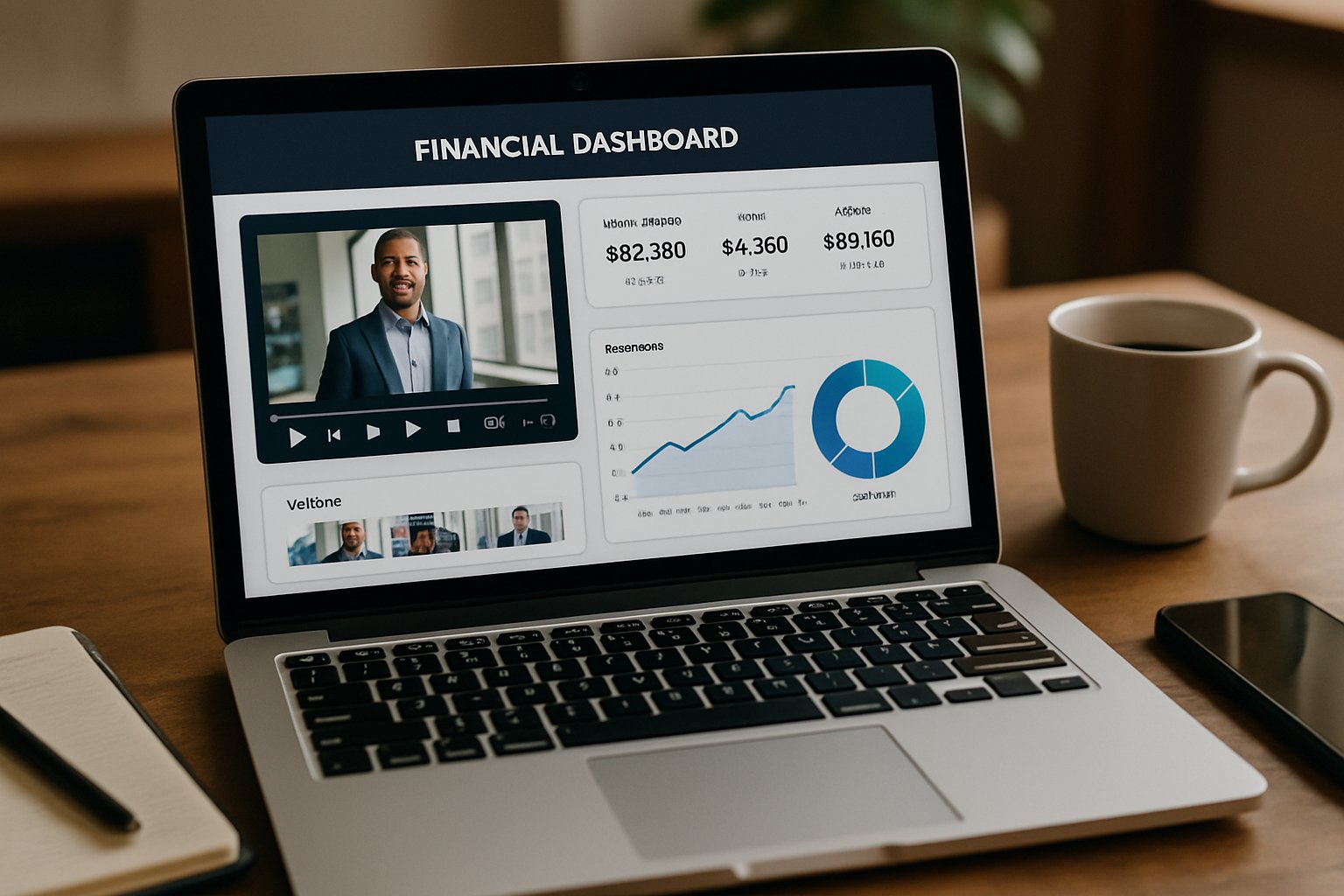 Generative Video Finance dashboard displayed on laptop in real office setting.