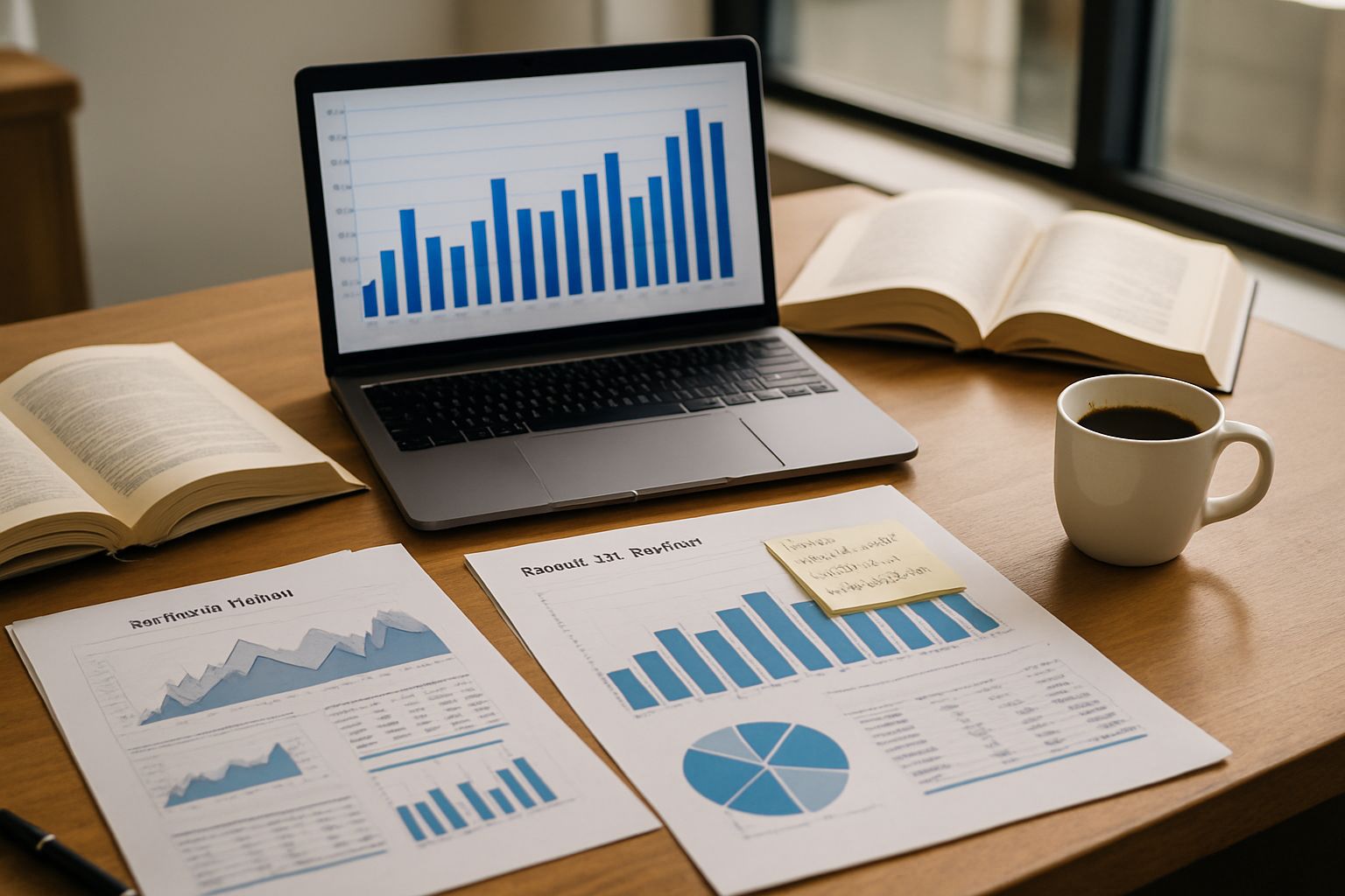 Corporate Finance analyst reviewing revenue and cost reports at desk.
