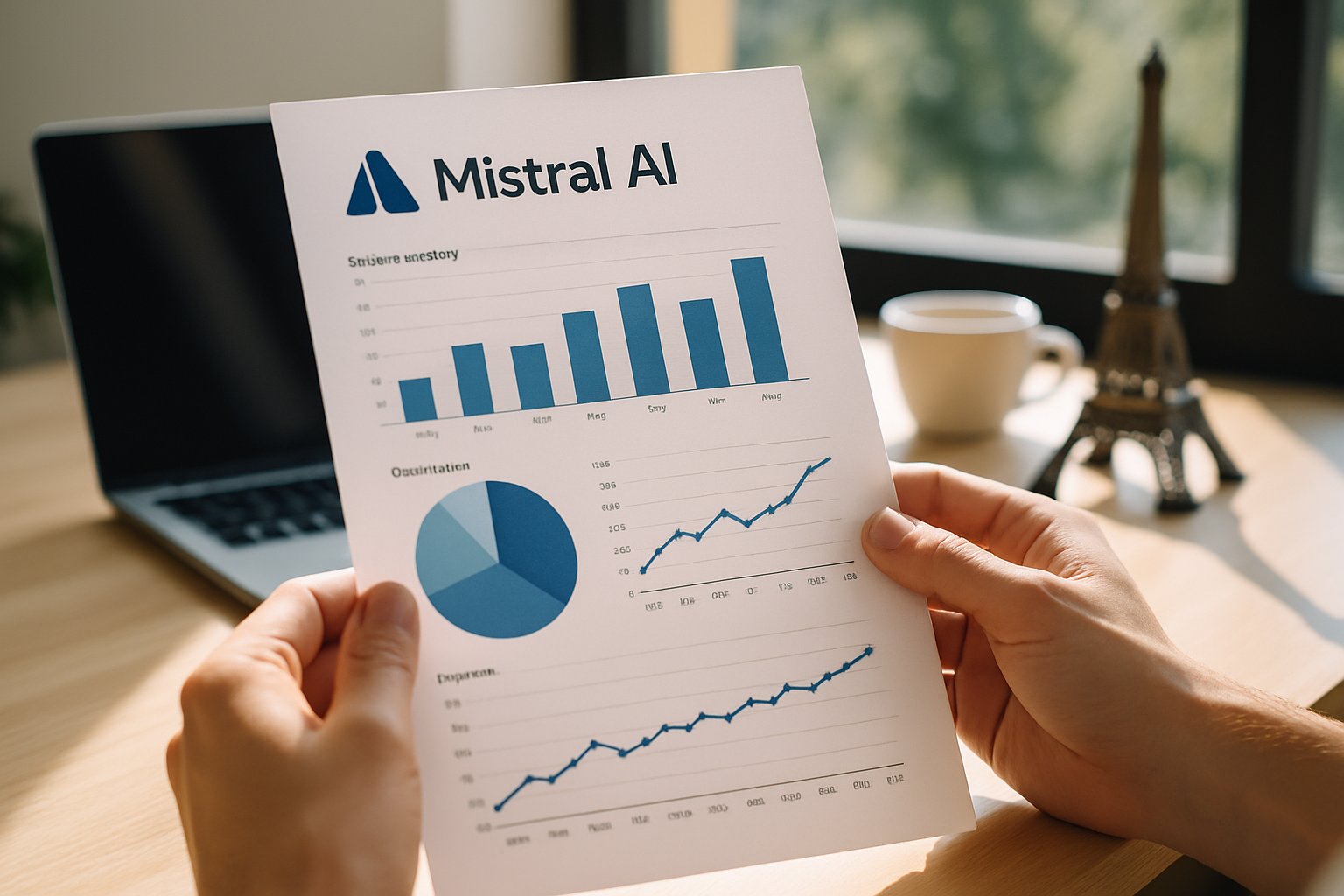 Printed Mistral AI financial report with growth charts in modern workspace.