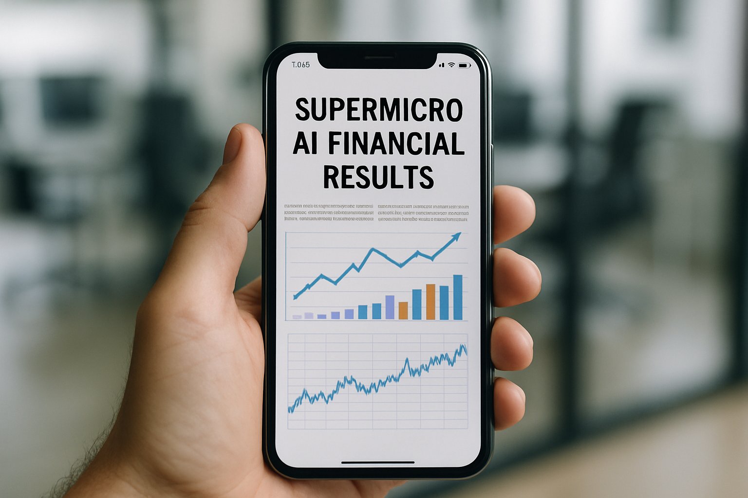 Smartphone displaying Supermicro AI Financial Results news headline.