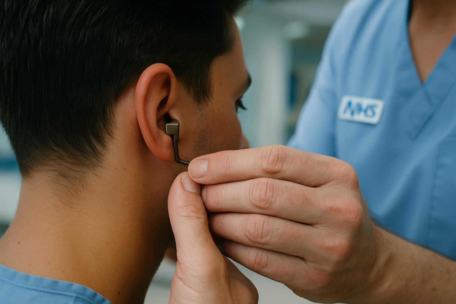 Medical professional fits brain-chip device for Neuralink Trial participant.