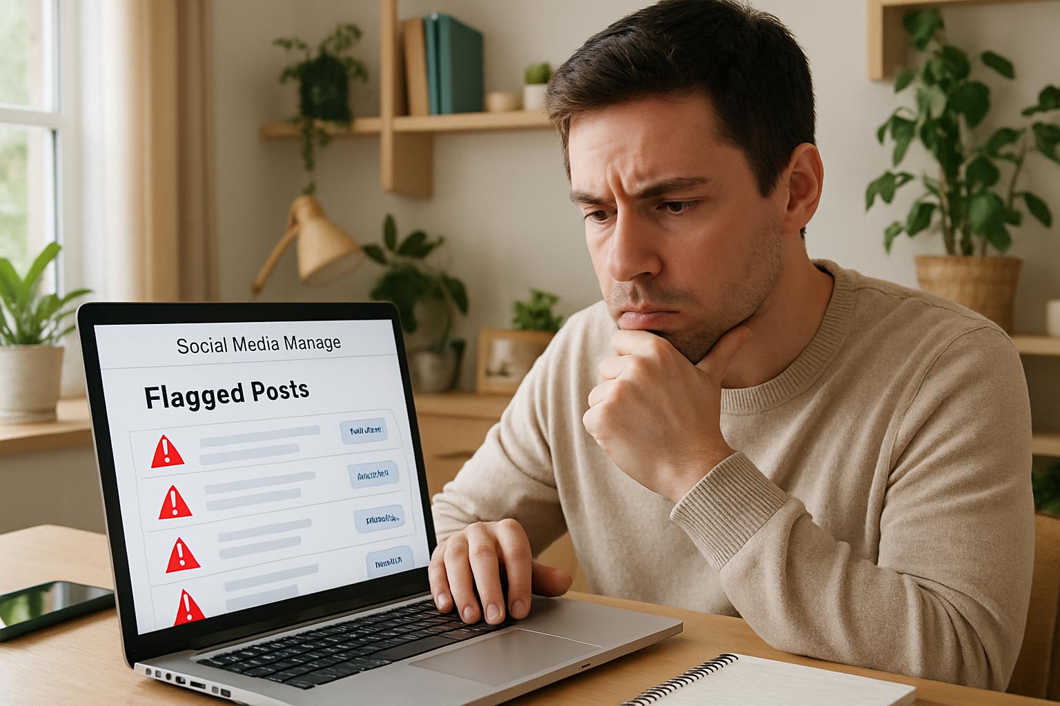 Social media manager examining content moderation alerts on a laptop at home.