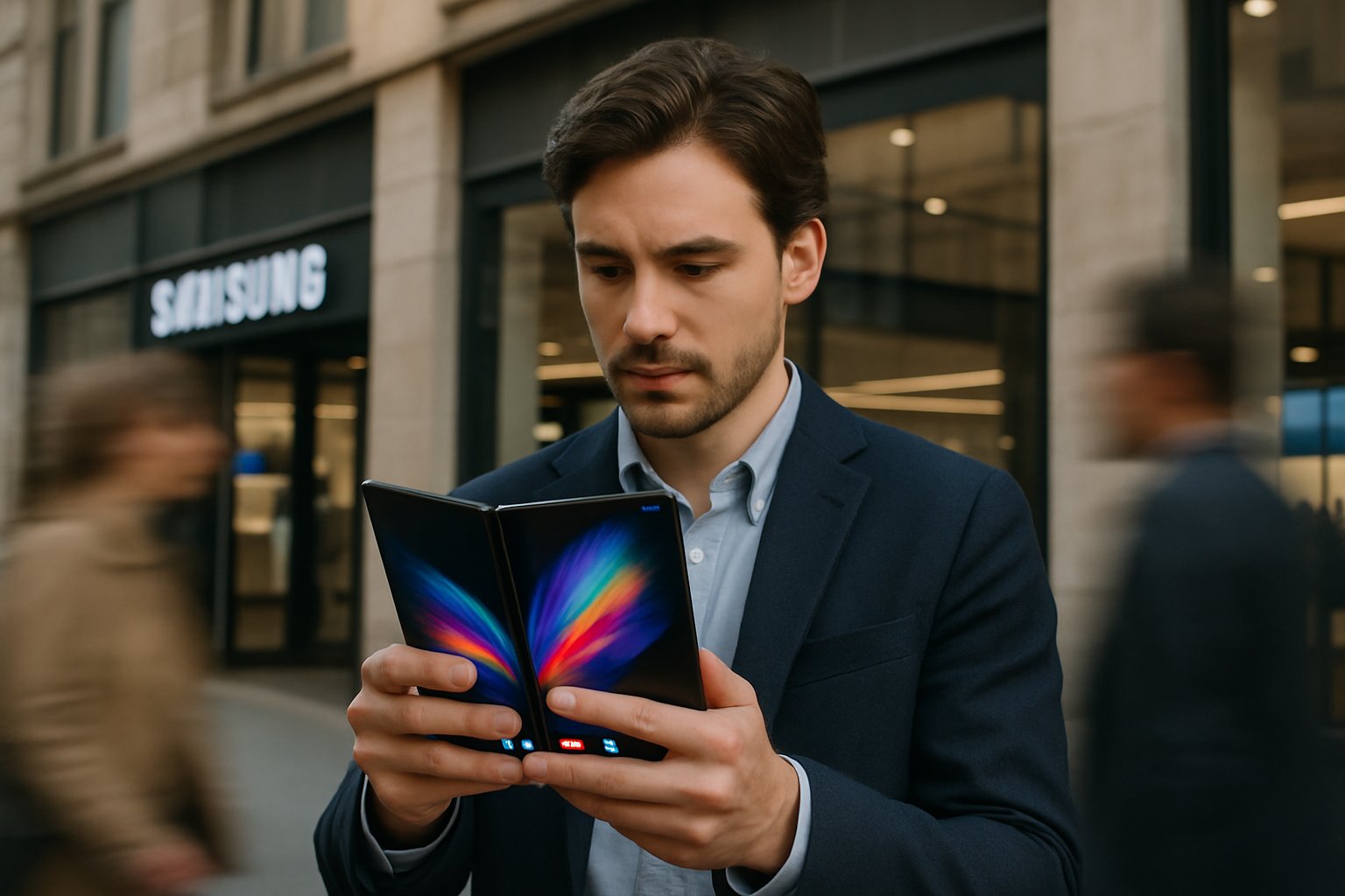 User interacts with Samsung Galaxy Z Fold7 representing Mobile Hardware Innovation outdoors
