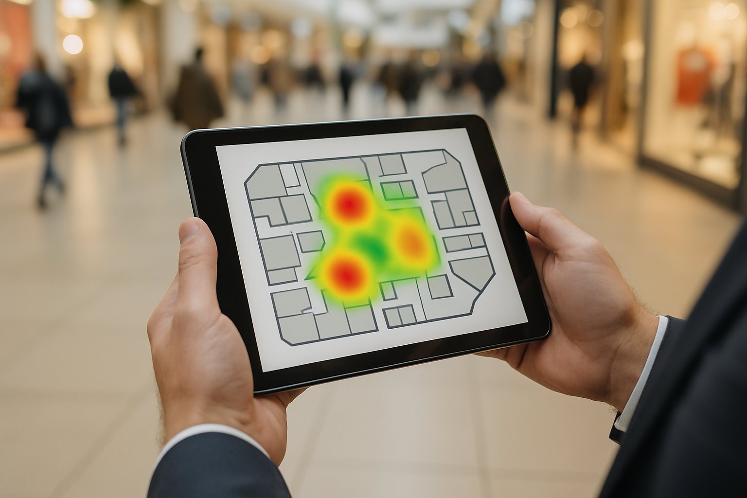 Tablet displaying visual merchandising intelligence systems with store footfall analysis.