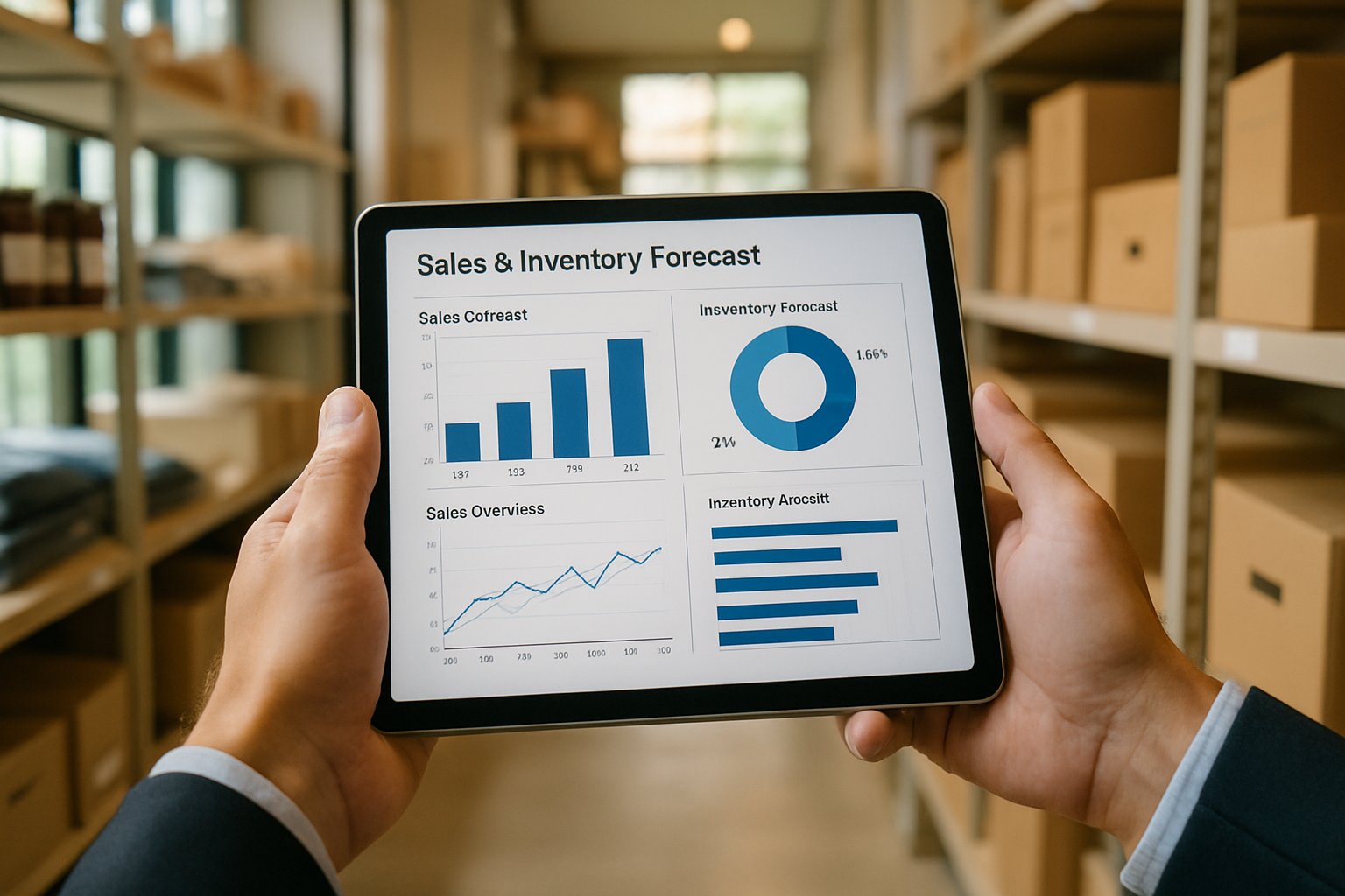 Business analyst reviews AI Demand Forecast Engines dashboard for inventory planning