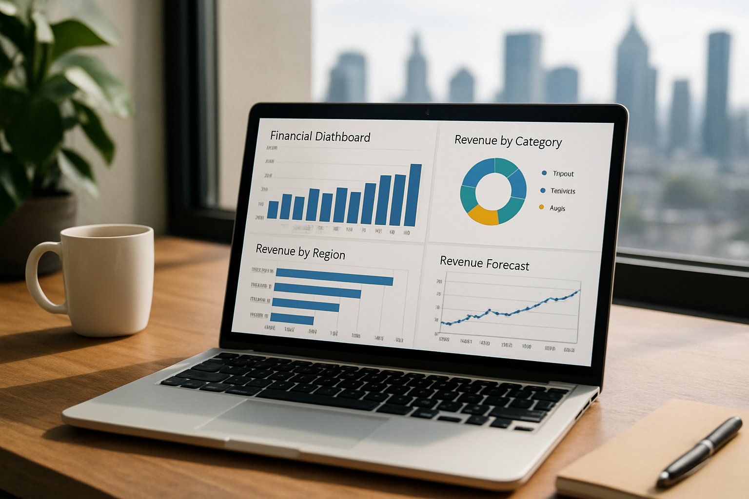 Laptop displays Autonomous Revenue Forecast Intelligence Engines dashboards in a real office.