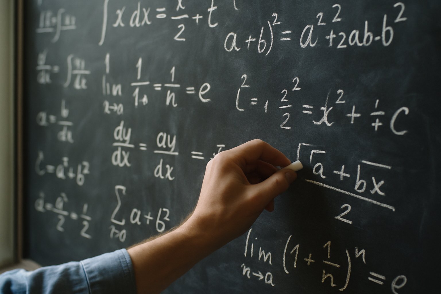 Close-up of hands working on mathematics formulas with chalk on blackboard.