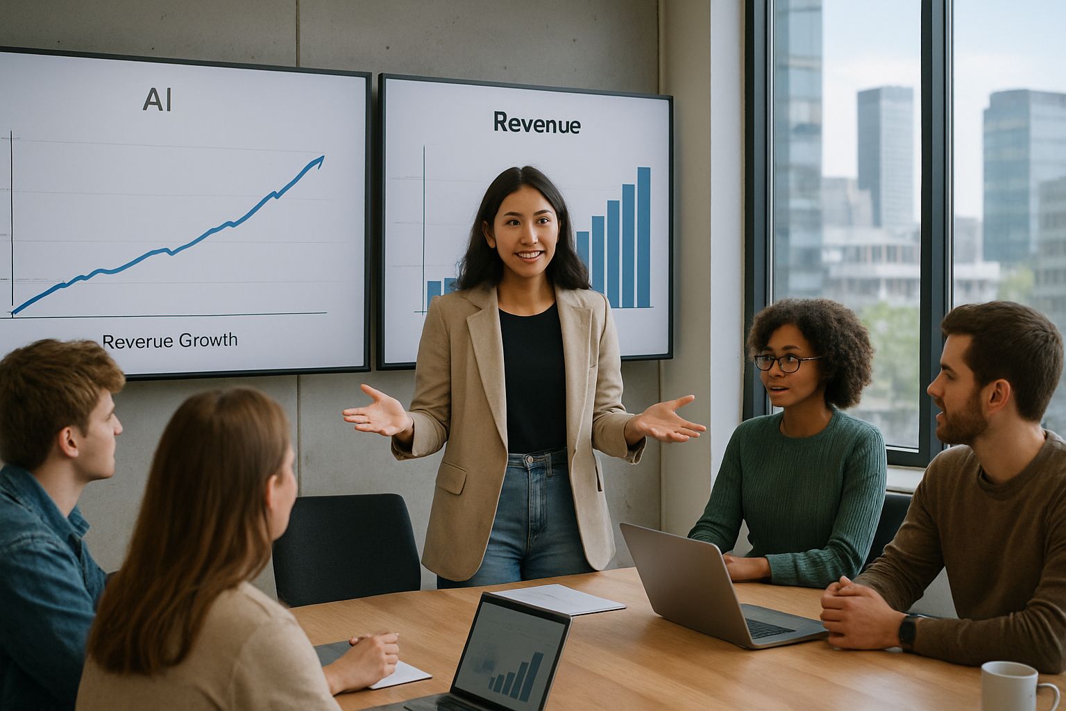 AI Startups founder presenting revenue graphs in startup boardroom setting.