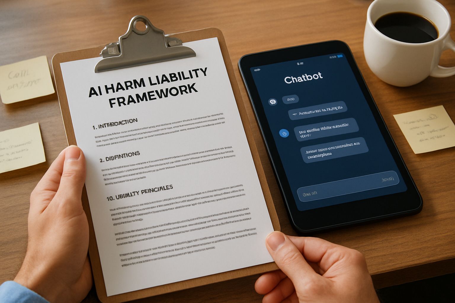 AI harm liability framework document near chatbot interface in office environment