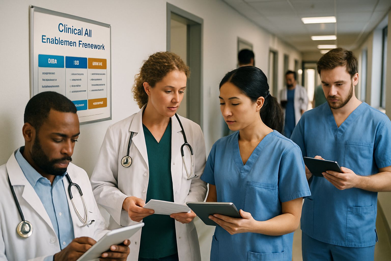 Doctors utilize clinical AI enablement framework tools in a modern hospital corridor.