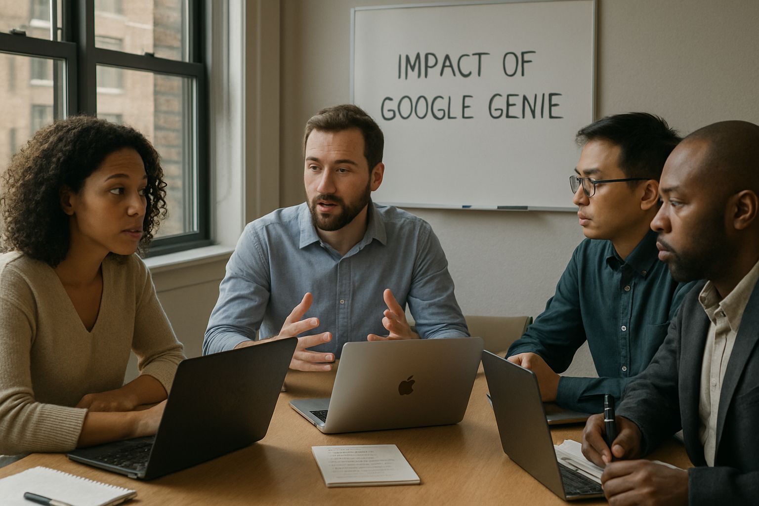 Gaming industry professionals discuss Google Genie's influence in a conference room.