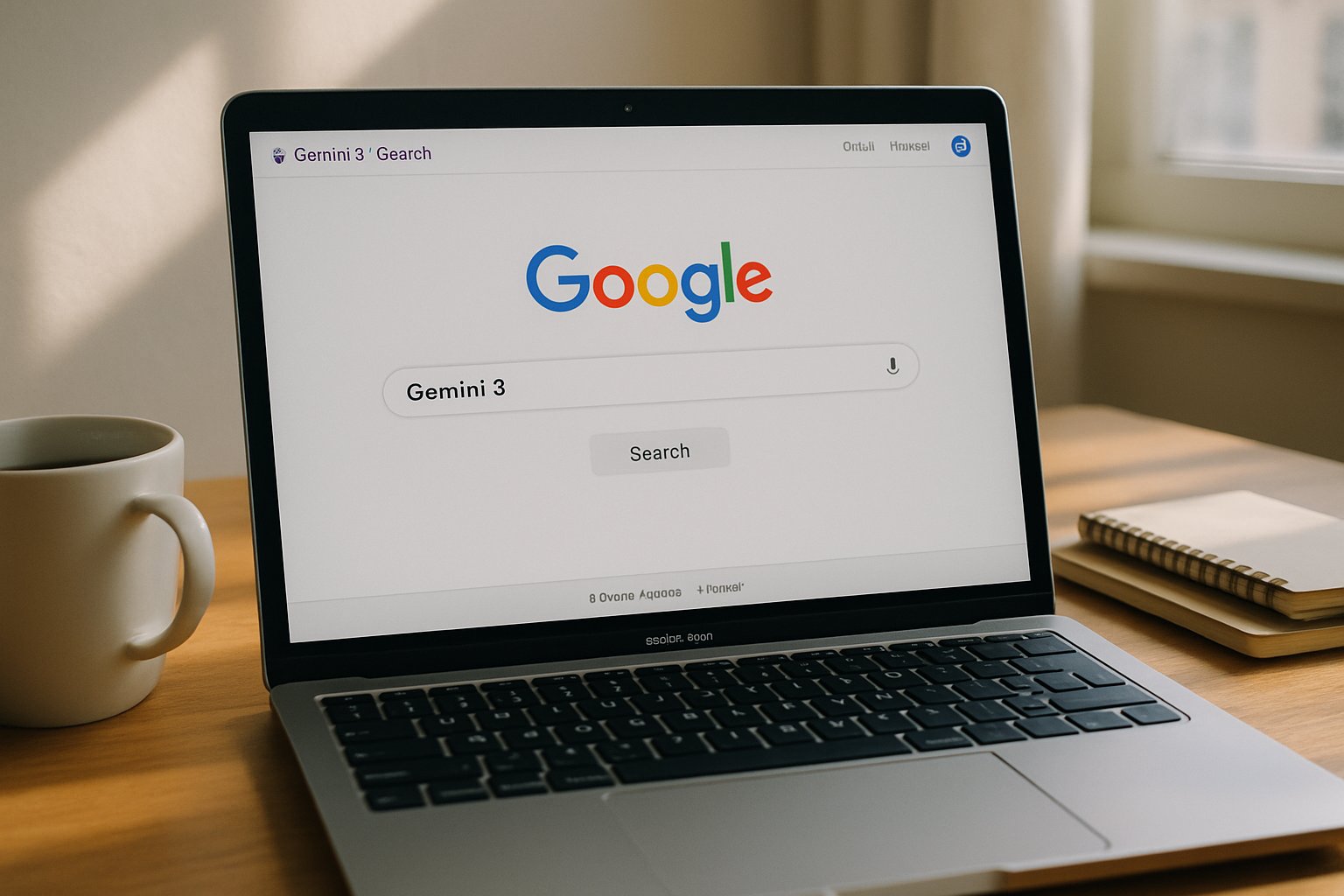 Home user interacting with Gemini 3 Search homepage on a laptop.