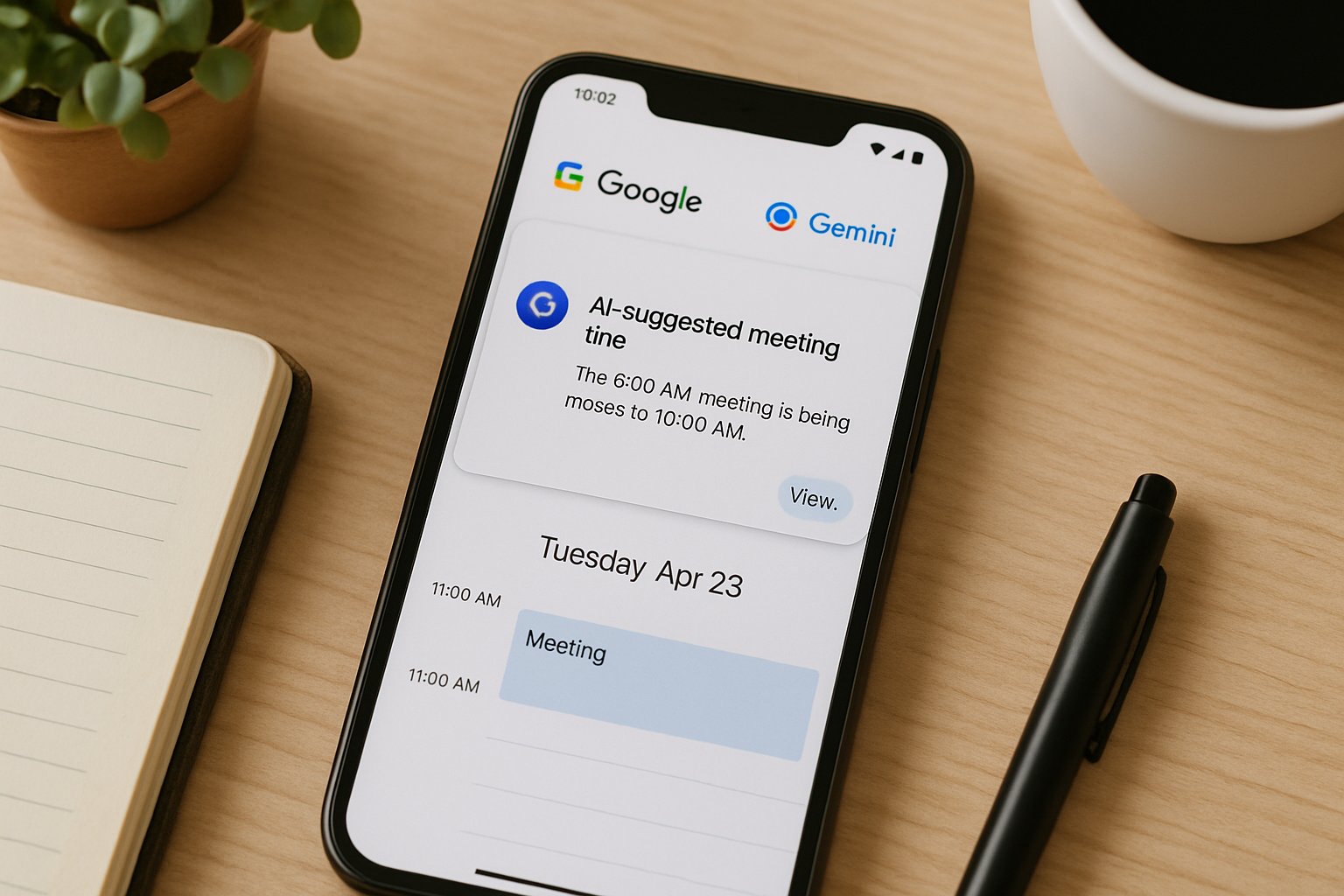 Google Calendar Gemini AI suggesting meeting times on a smartphone interface.
