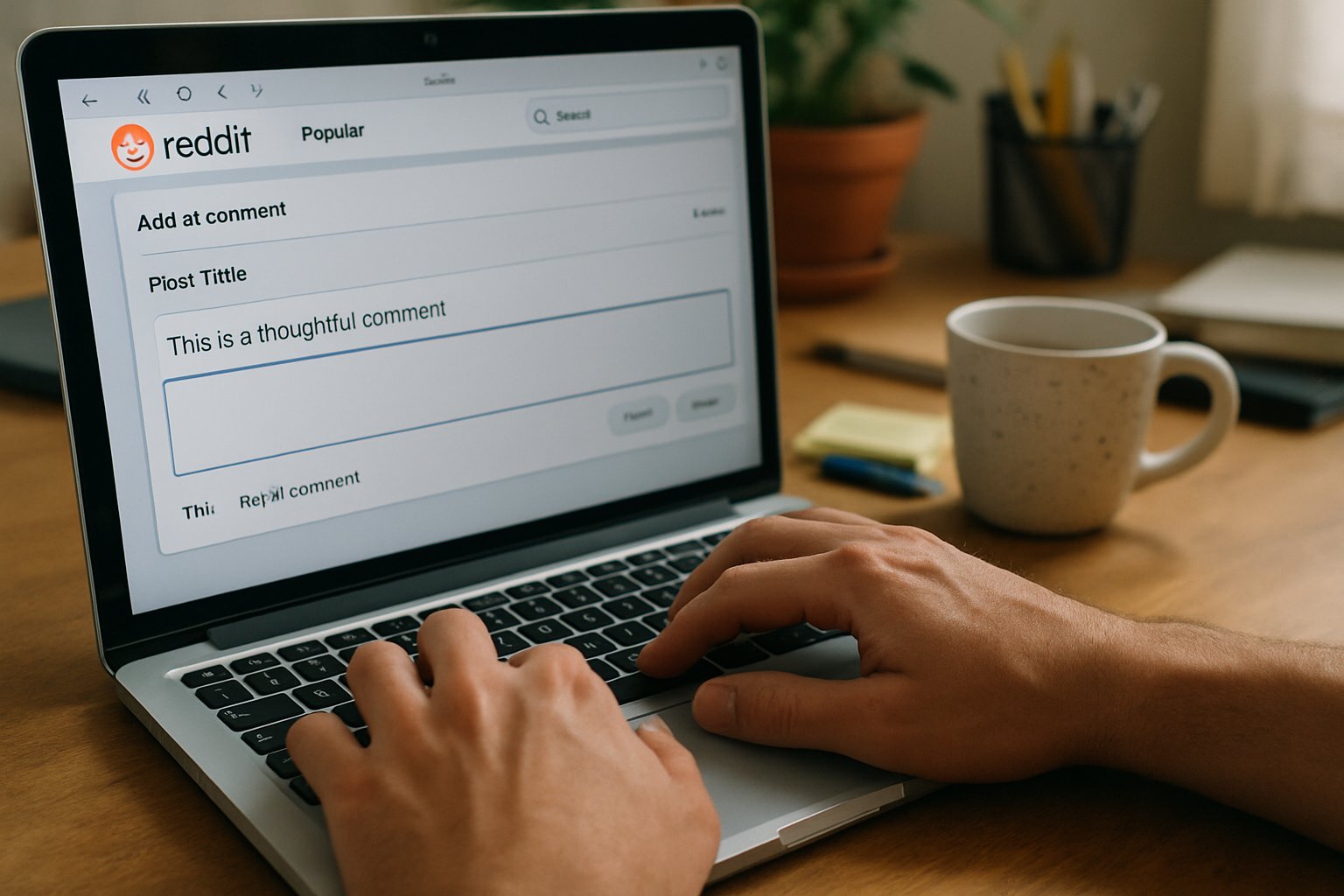 Hands creating human generated content on Reddit platform in a realistic home office.