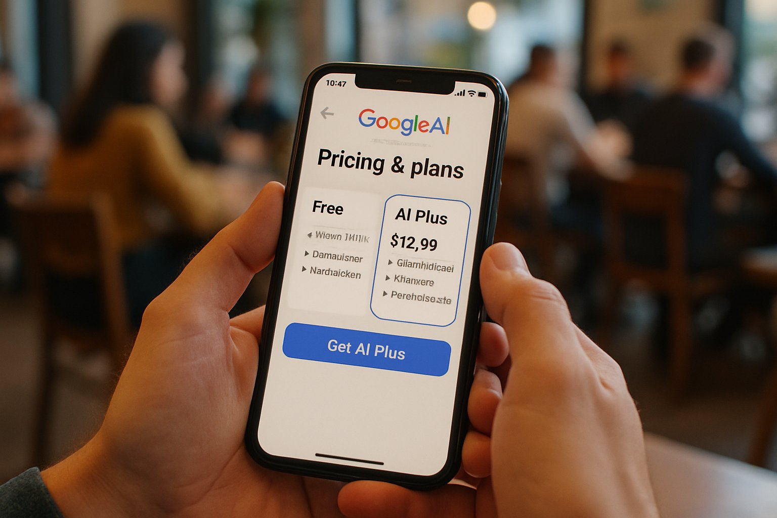 Hands holding phone with Google AI Plus global pricing screen in a cafe.