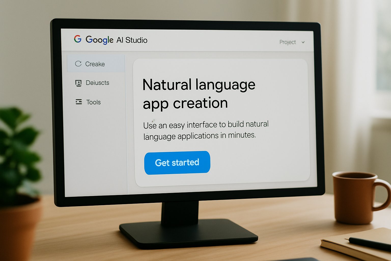 Google AI Studio interface on a monitor for natural language app creation.