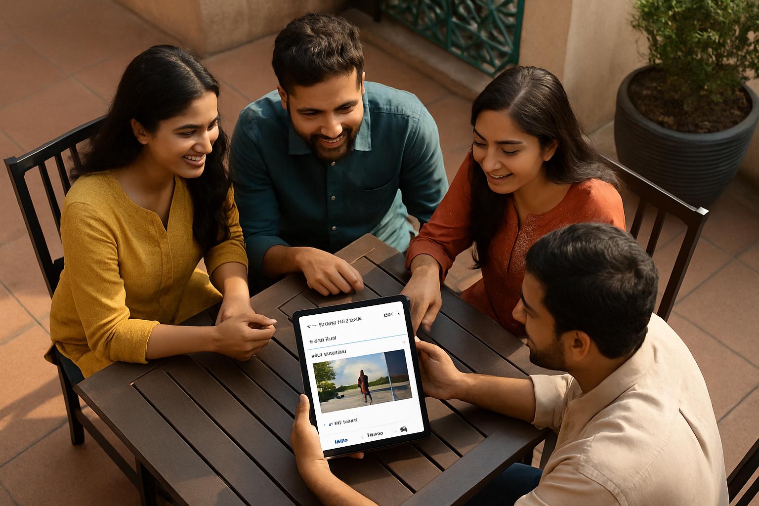 Friends in India reviewing Google Photos editing features at café.