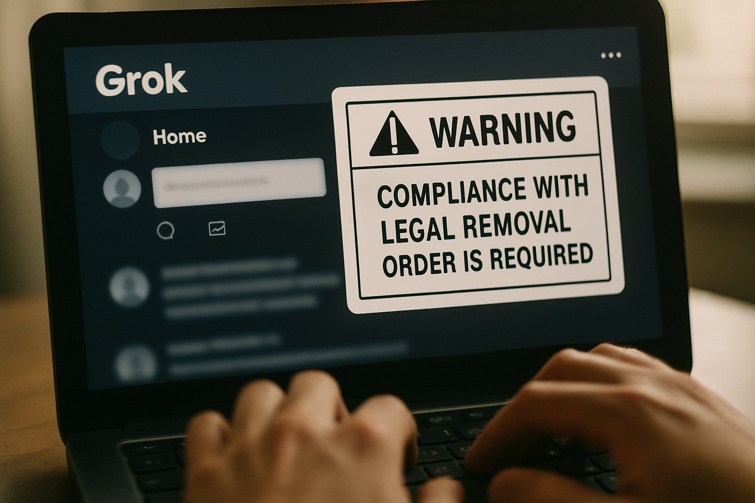 Digital device displays Grok CSAM compliance alert with user's hands typing.