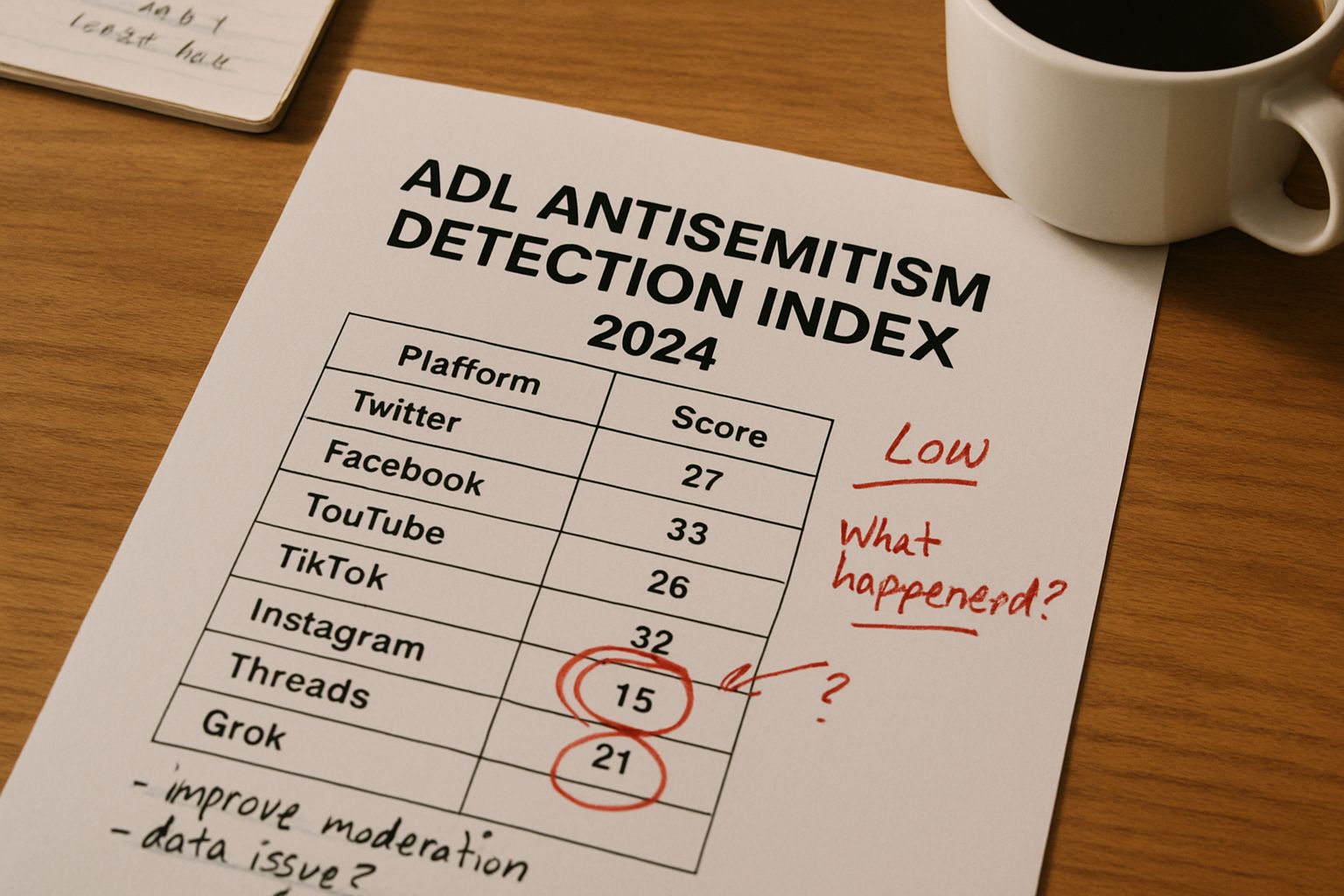 ADL Antisemitism Detection Index printout showing Grok ranked last.