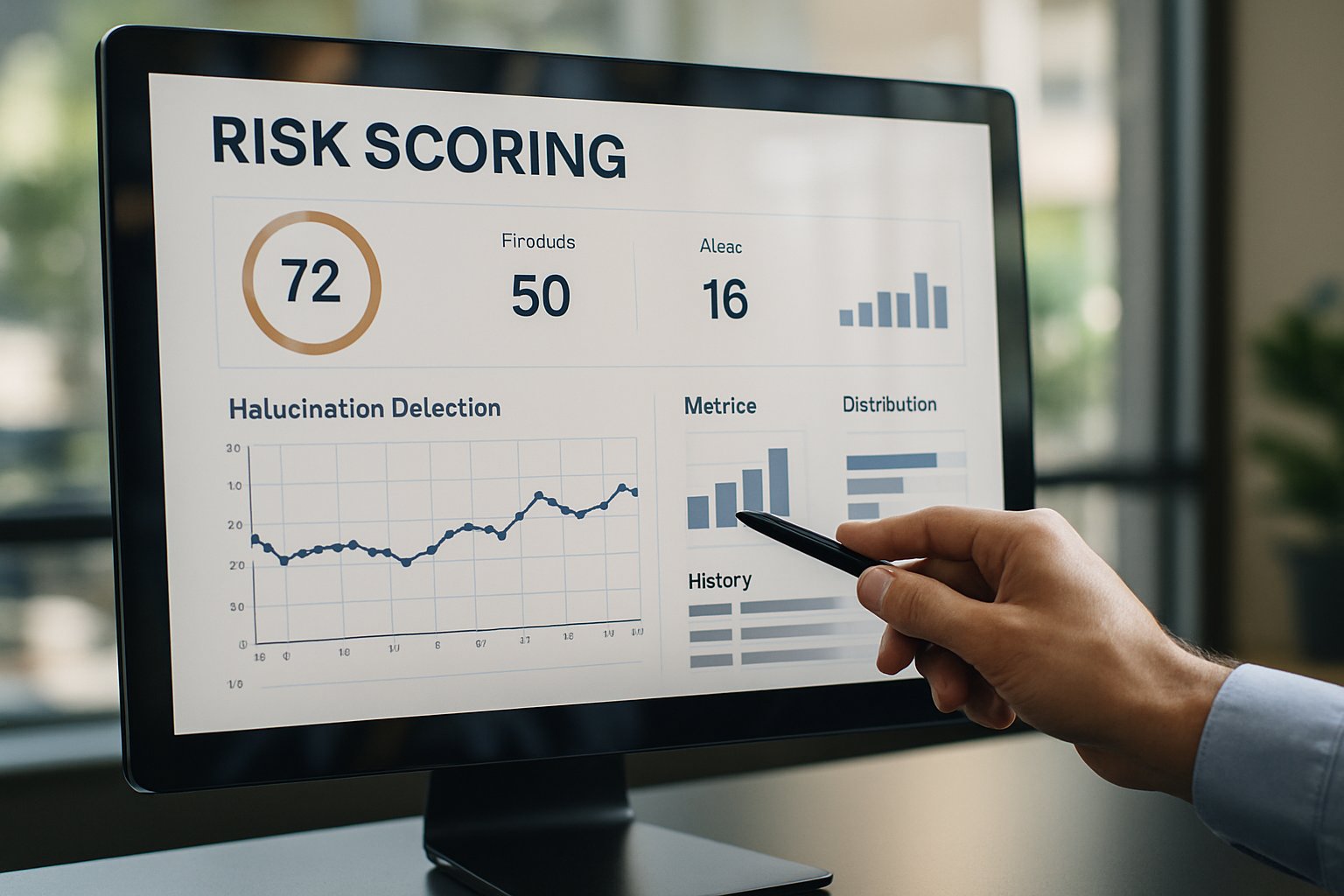 Detailed hallucination risk scoring systems dashboard with highlighted metrics.