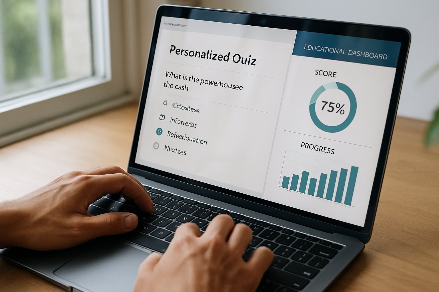 Person interacting with AI Education dashboard and quizzes on laptop.