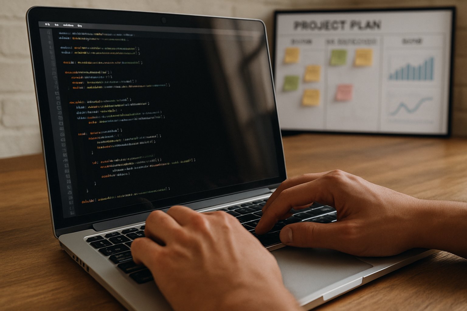 Productivity visualized as hands coding and planning with AI in a realistic office